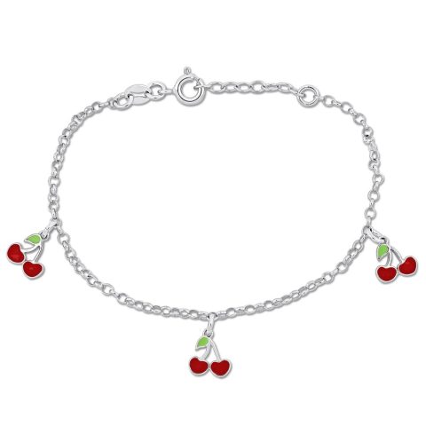 Mimi & Max Children’s White and Red Enamel Cherry Charm Rolo Chain Bracelet in Sterling Silver – 6.5+1 in.