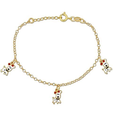 Mimi & Max Children’s Enamel Dog Charm on 2mm Rolo Link Chain Station Bracelet in Yellow Silver – 6.5+0.5 in.