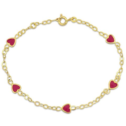 Mimi & Max Children’s Pink Enamel Heart Charm Link Chain Station Bracelet in 14k Yellow Gold – 7 in.