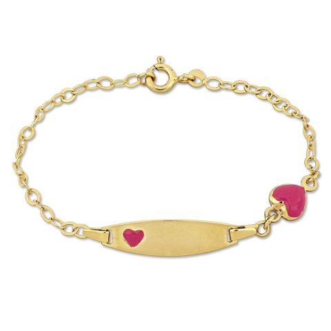 Mimi & Max Children’s Pink Enamel Heart Charm Link Chain ID Bracelet in 14k Yellow Gold – 6.5+0.5 in.