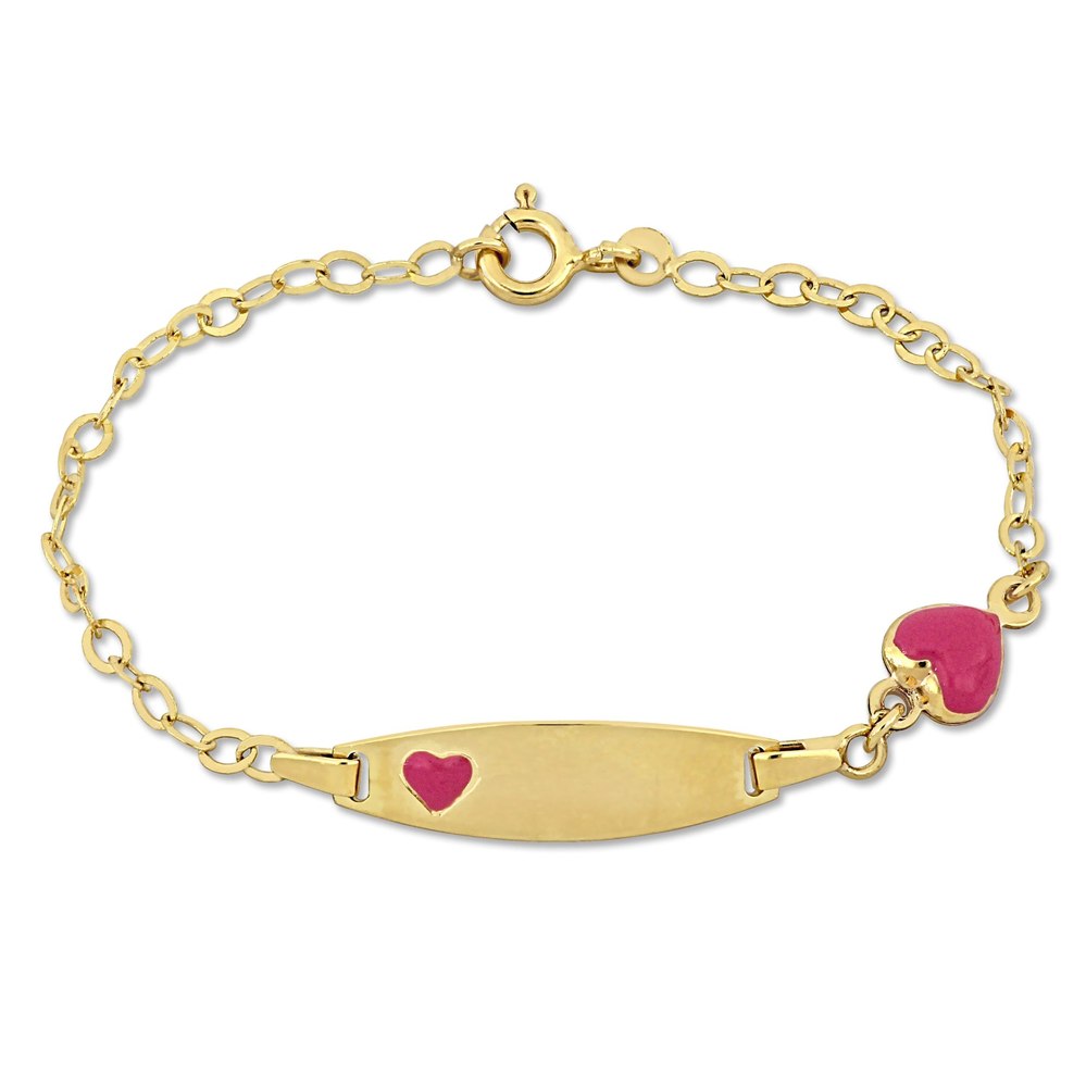Mimi & Max Children’s Pink Enamel Heart Charm Link Chain ID Bracelet in 14k Yellow Gold – 6.5+0.5 in.