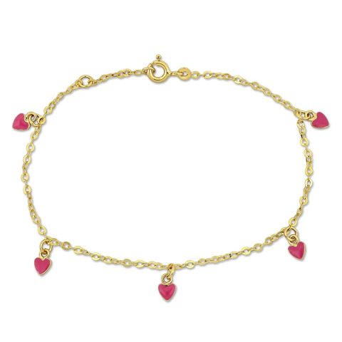 Mimi & Max Children’s Pink Enamel Heart Charm Link Chain Station Bracelet in 14k Yellow Gold – 6.5+0.5 in.