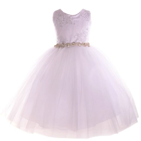 Big Girls White Beaded Applique Junior Bridesmaid Dress 8-12