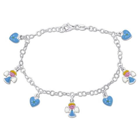 Mimi & Max Children’s White and Blue Enamel Angel and Heart Charm Station Bracelet in Sterling Silver – 7.5 in.