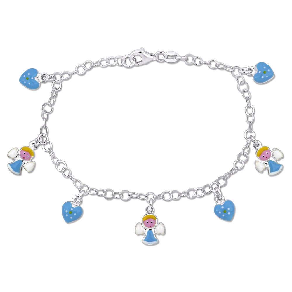 Mimi & Max Children’s White and Blue Enamel Angel and Heart Charm Station Bracelet in Sterling Silver – 7.5 in.