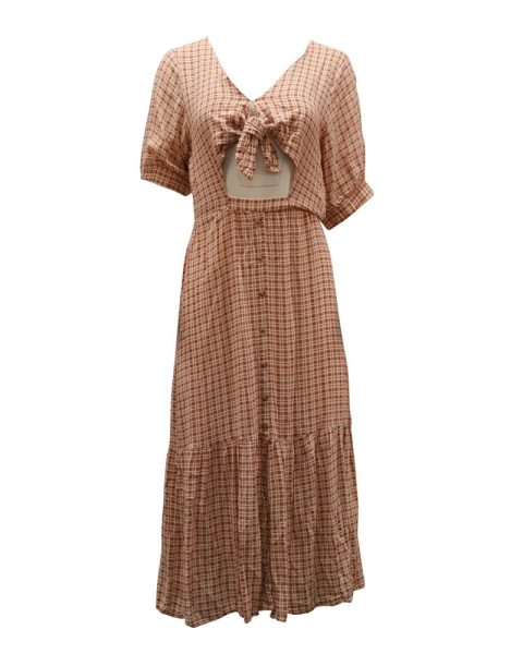 Faithfull The Brand Maple Check-Tie Front Midi Dress in Pastel Pink Rayon 7764872953916
