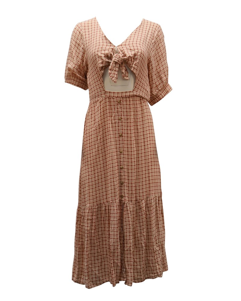 Faithfull The Brand Maple Check-Tie Front Midi Dress in Pastel Pink Rayon 7764872953916