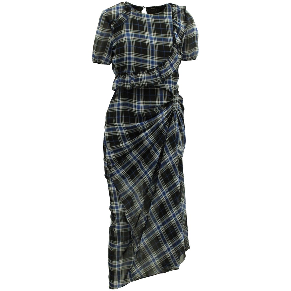 Maje Side-ruched Plaid Maxi Dress in Blue/Black Silk 7764875313212