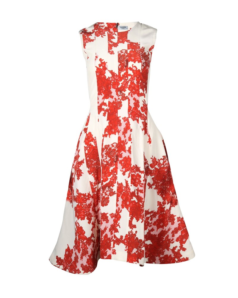 Thom Browne Floral Paneled Midi Dress in Red Silk 7764875051068