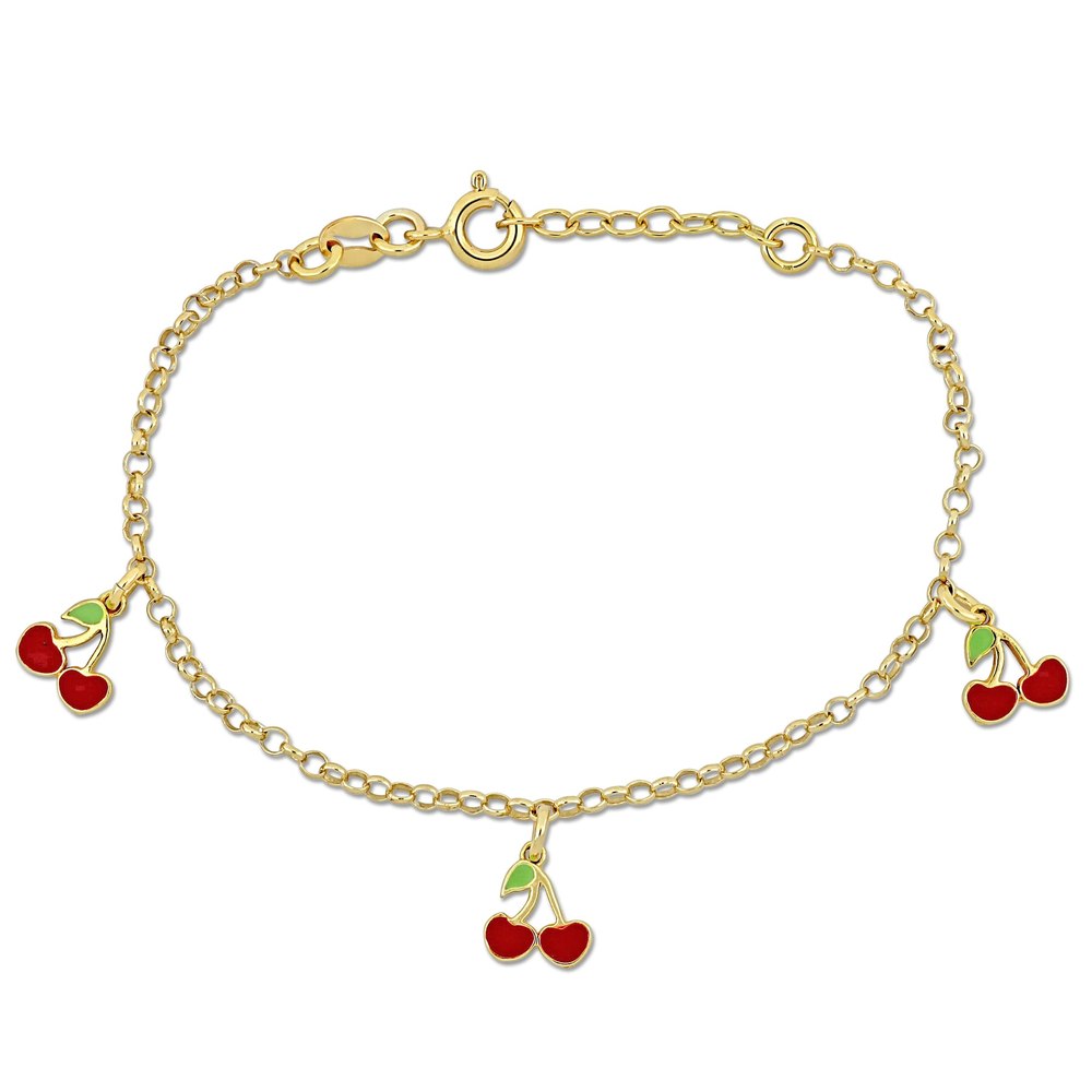 Mimi & Max Children’s White and Red Enamel Cherry Charm Link Bracelet in Yellow Plated Sterling Silver – 6.5+1 in.