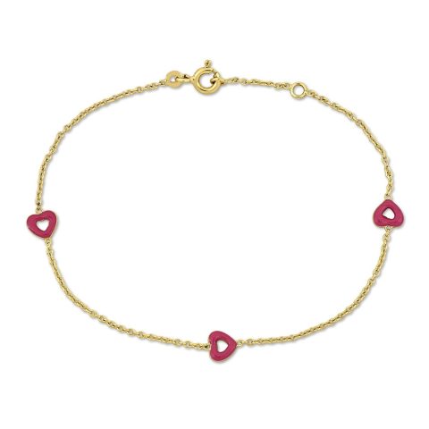 Mimi & Max Children’s Pink Enamel Heart Charm Rolo Link Chain Station Bracelet in 14k Yellow Gold – 6.5+0.5 in.