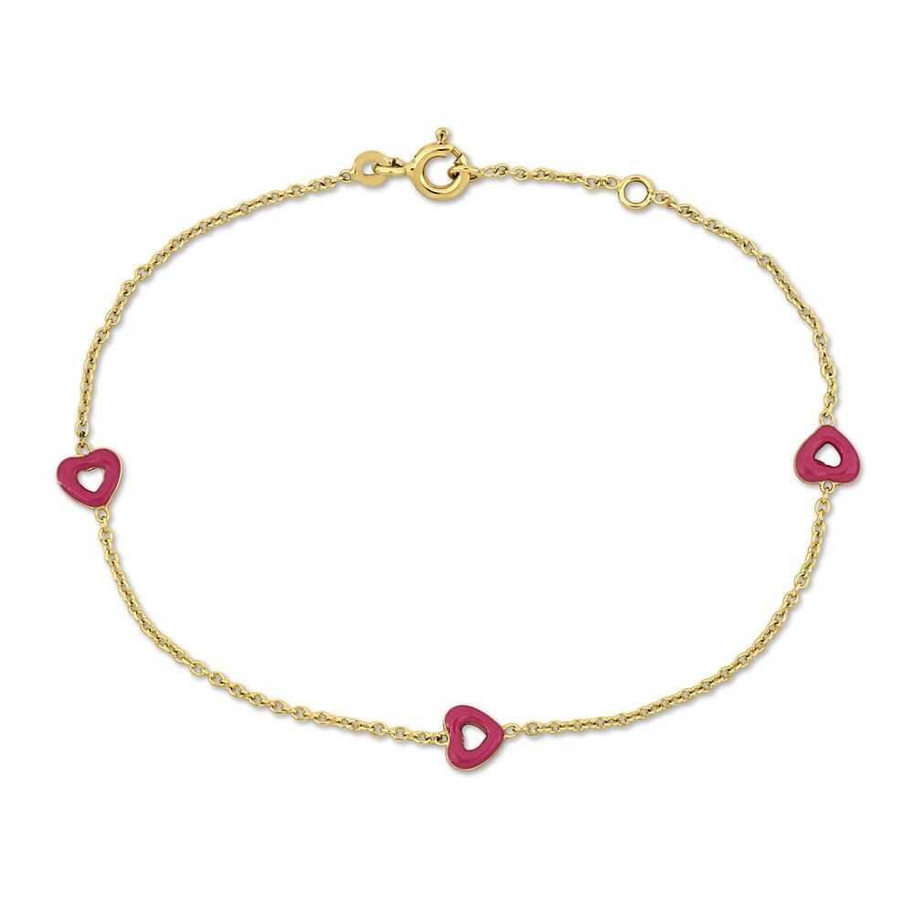 Mimi & Max Children’s Pink Enamel Heart Charm Rolo Link Chain Station Bracelet in 14k Yellow Gold – 6.5+0.5 in.