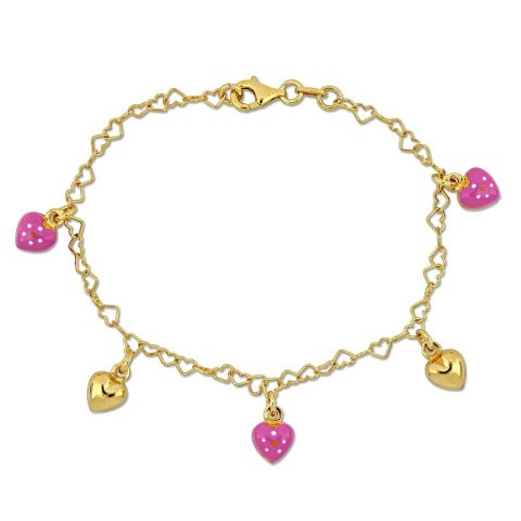 Mimi & Max Children’s 3.3mm Pink Enamel Heart Charm Link Bracelet in Yellow Plated Sterling Silver – 7 in.