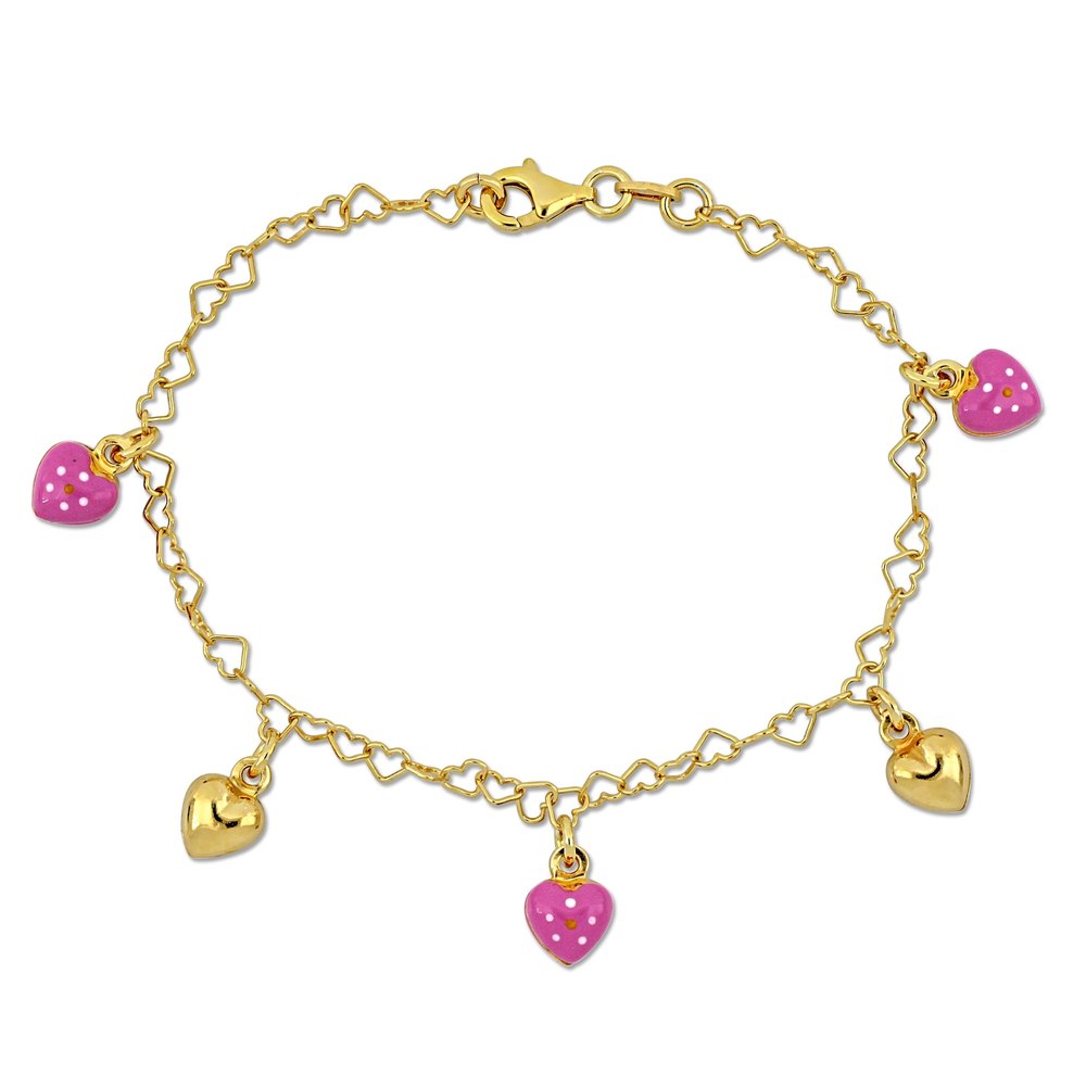 Mimi & Max Children’s 3.3mm Pink Enamel Heart Charm Link Bracelet in Yellow Plated Sterling Silver – 7 in.