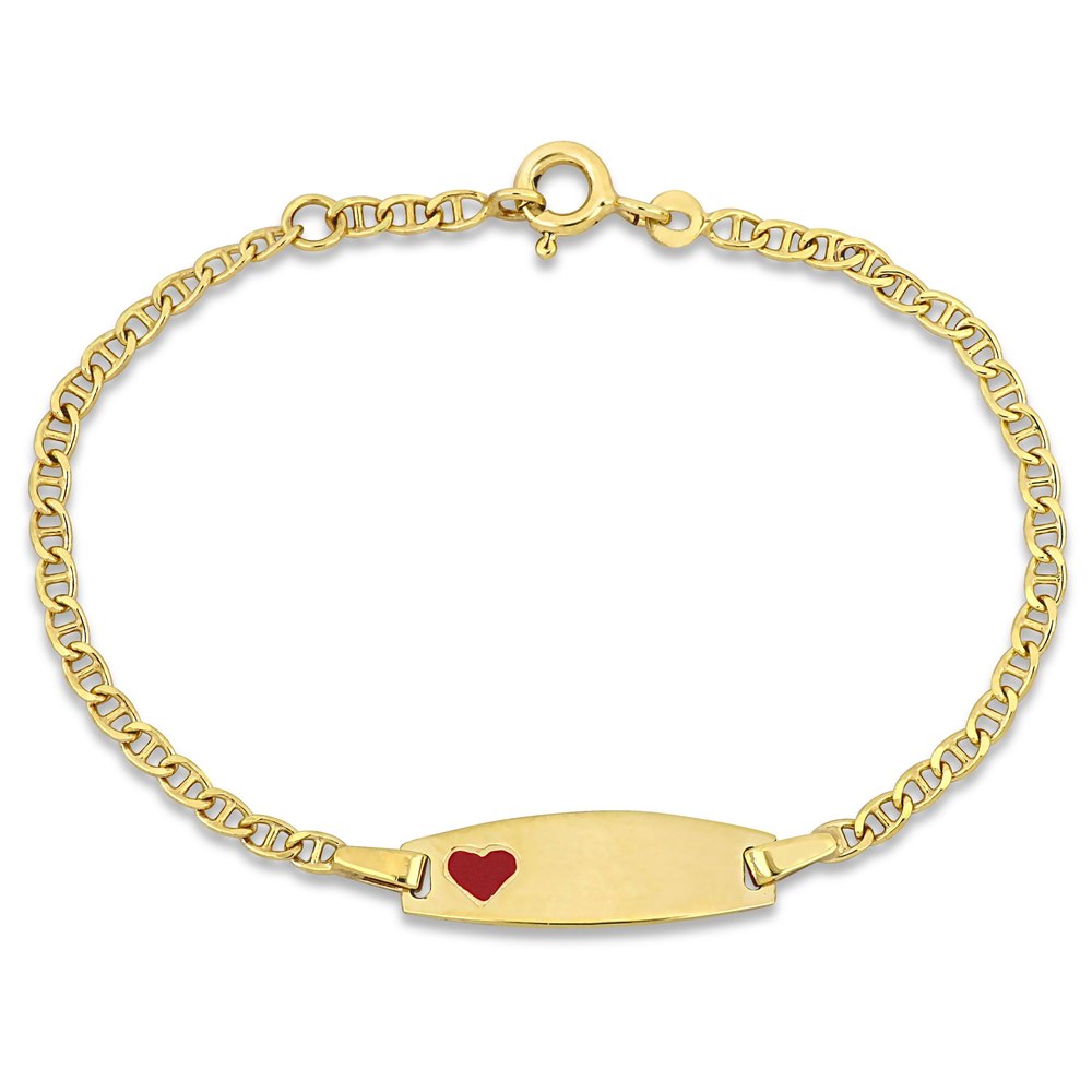 Mimi & Max Children’s Red Enamel Heart Charm Marine Link Chain ID Bracelet in 14k Yellow Gold – 5+0.5 in.