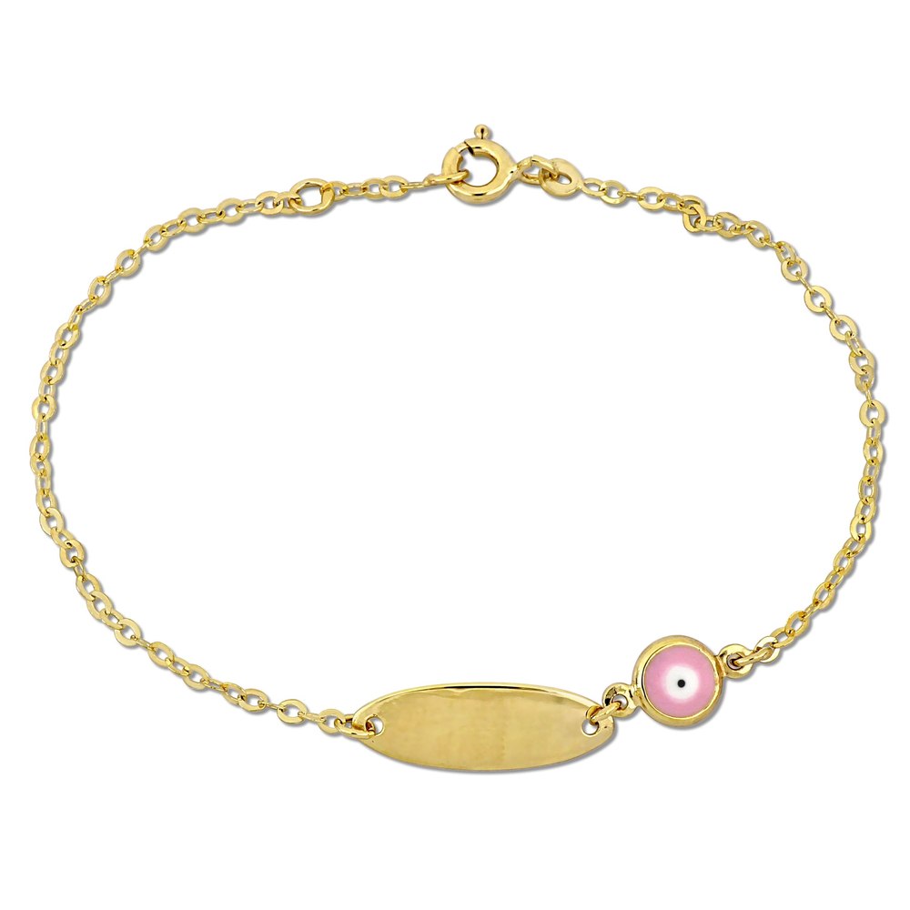 Mimi & Max Children’s White and Pink Enamel Evil Eye Charm Rolo Chain Link Bracelet in 14k Yellow Gold – 6+0.5 in.