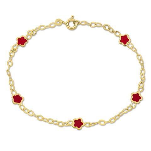 Mimi & Max Children’s Pink Enamel Flower Charm Station Bracelet in 14k Yellow Gold – 7 in.