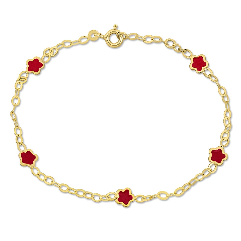 Mimi & Max Children’s Pink Enamel Flower Charm Station Bracelet in 14k Yellow Gold – 7 in.