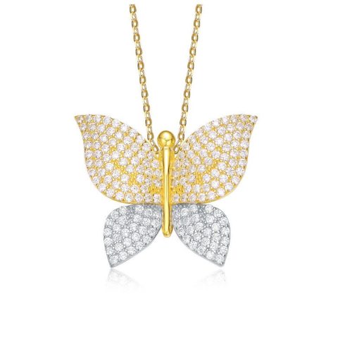 Sterling Silver Two-Tone with Clear Cubic Zirconia Butterfly Pendant Necklace 7668160233532