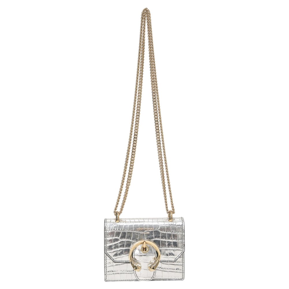 Jimmy Choo Mini Paris Metallic Croc-Embossed Super Mini Bag in Silver Leather 7764878852156