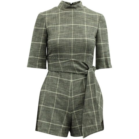 Alice + Olivia Virgil Check Print Tie Belt Playsuit In Black Viscose 7764881604668