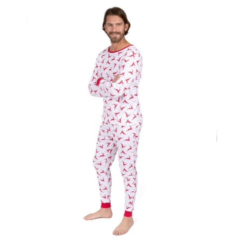 Christmas Mens Two Piece Cotton Pajamas Reindeer Red and White