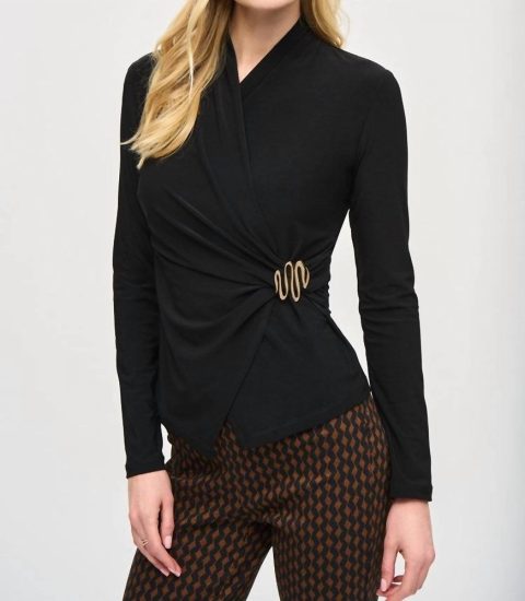 Silky Knit Fitted Wrap Top In Black 7827087163452
