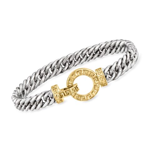 Ross-Simons Sterling Silver and 18kt Gold Over Sterling Curb-Link Bracelet With Greek Key Clasp