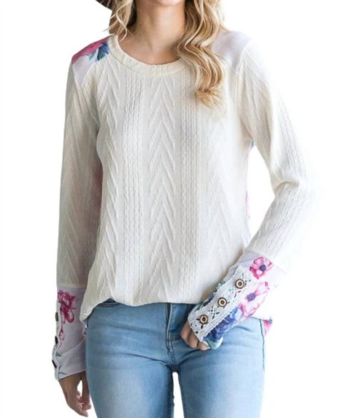 Cable Knit Button Long Sleeve Top In White 7764910309436