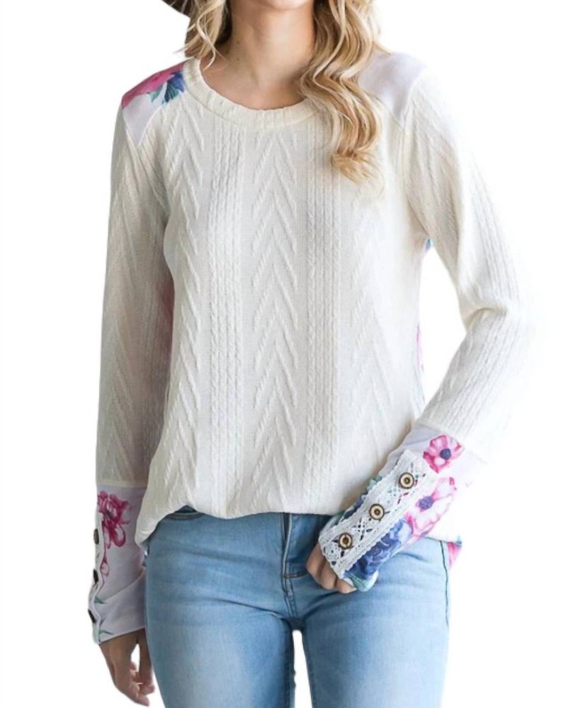 Cable Knit Button Long Sleeve Top In White 7764910309436