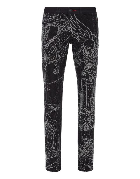 Denim Trousers Super Straight Cut Strass Skeleton tattoo with Crystals 7670510813244
