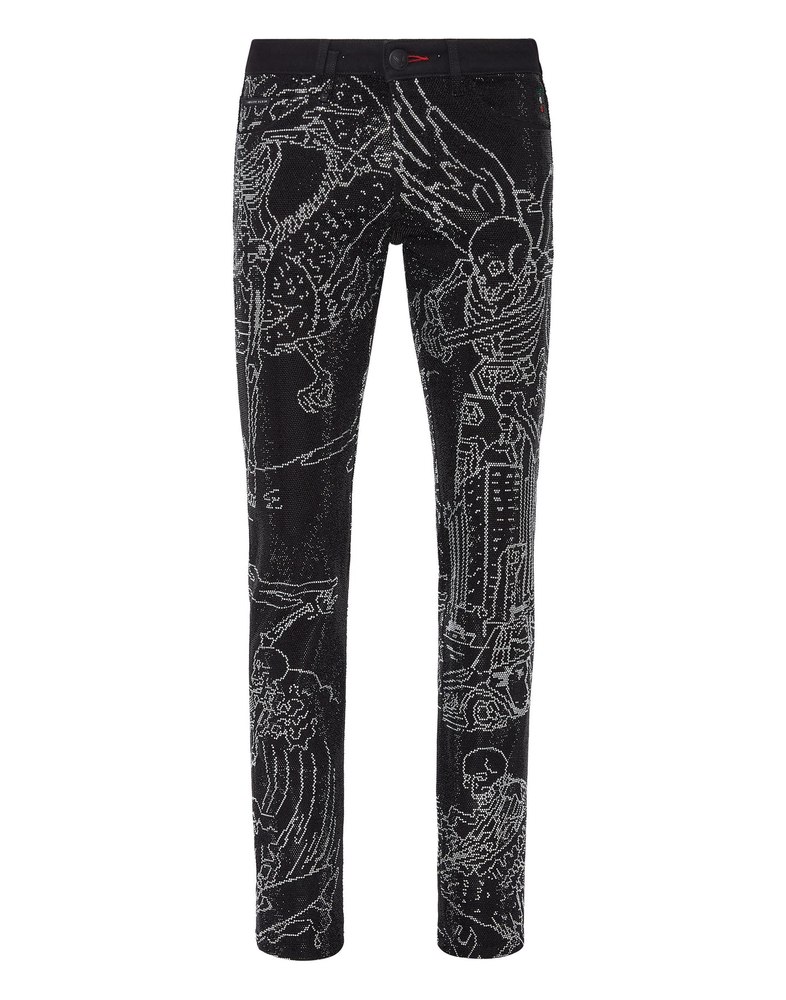 Denim Trousers Super Straight Cut Strass Skeleton tattoo with Crystals 7670510813244