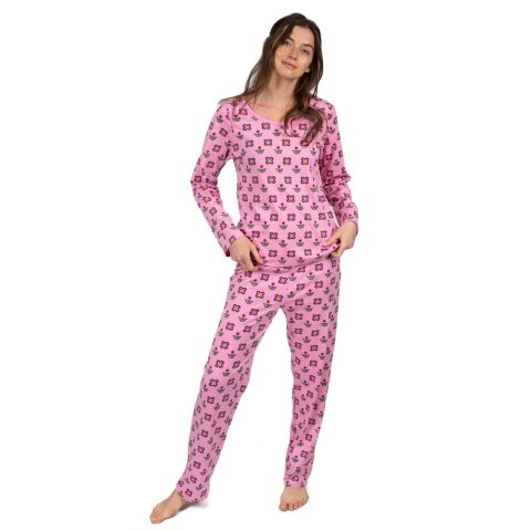 Womens Two Piece Cotton Loose Fit Pajamas Flower Pot