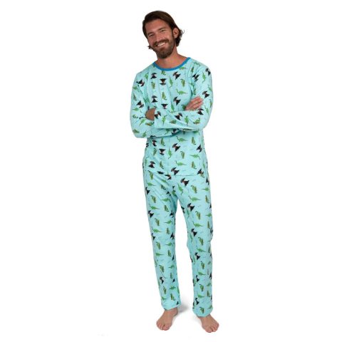 Mens Two Piece Cotton Loose Fit Pajamas Dinosaur Blue