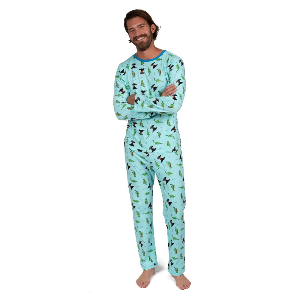 Mens Two Piece Cotton Loose Fit Pajamas Dinosaur Blue