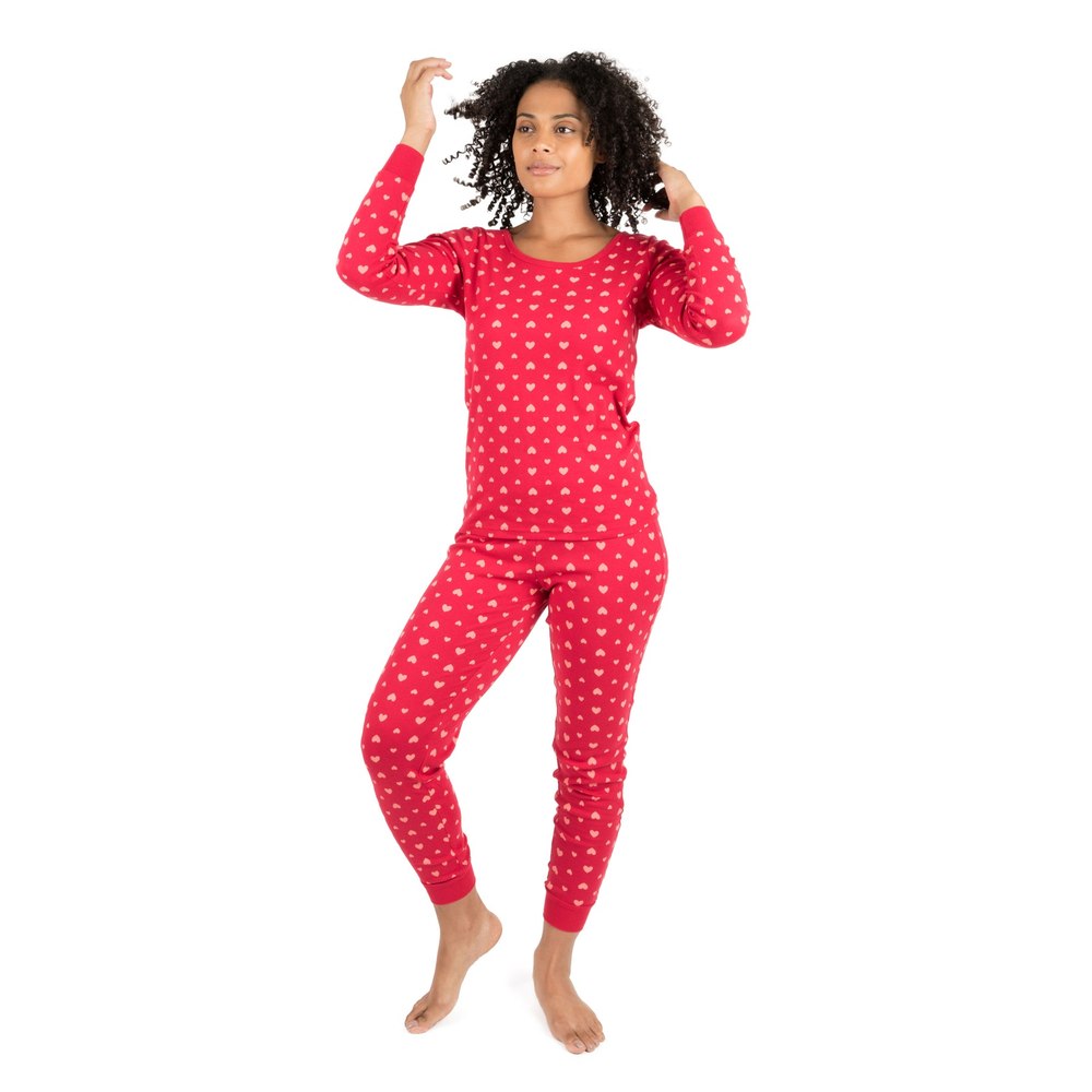 Womens Two Piece Cotton Pajamas Hearts Pink