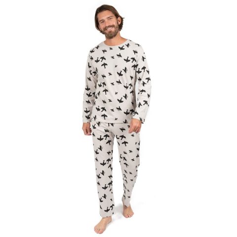 Mens Two Piece Cotton Loose Fit Pajamas Bird Gray