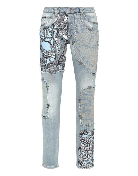 Denim Trousers Super Straight Cut Fit Paisley Patchwork 7670514155580