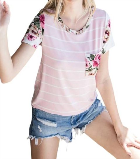 Floral Stripe Pocket Tee In Pink 7764917190716
