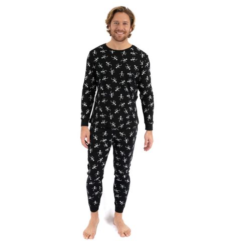 Mens Two Piece Cotton Pajamas Skeleton Black
