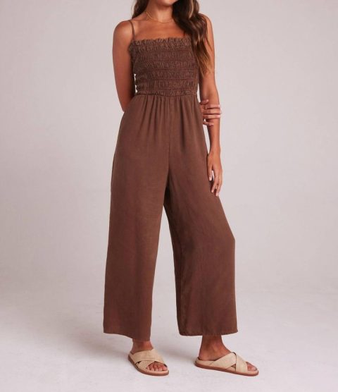 Wide Leg Smocked Ruffle Jumpsuit In Botanical Brown 7827135070268