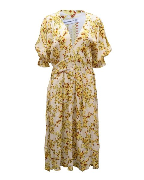 Faithfull The Brand Rafa Floral-Print Button-Front Puff Sleeve Midi Dress in White Rayon 7764991901756