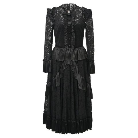 Dolce & Gabbana Bow Detail Ruffle Trimmed Lace Midi Dress in Black Polyamide 7764992524348