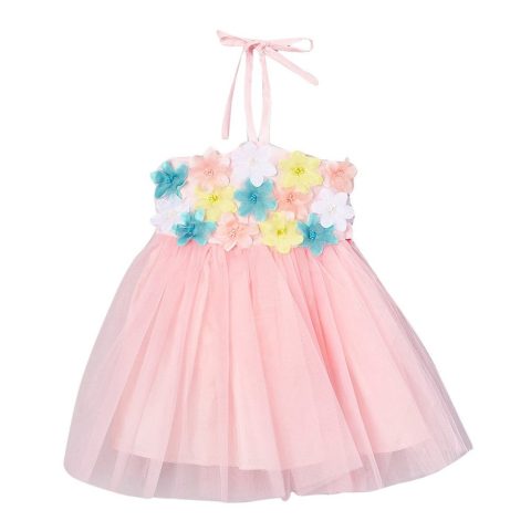 Girls Pink Halter Floral Applique Flower Girl Dress 12M-7
