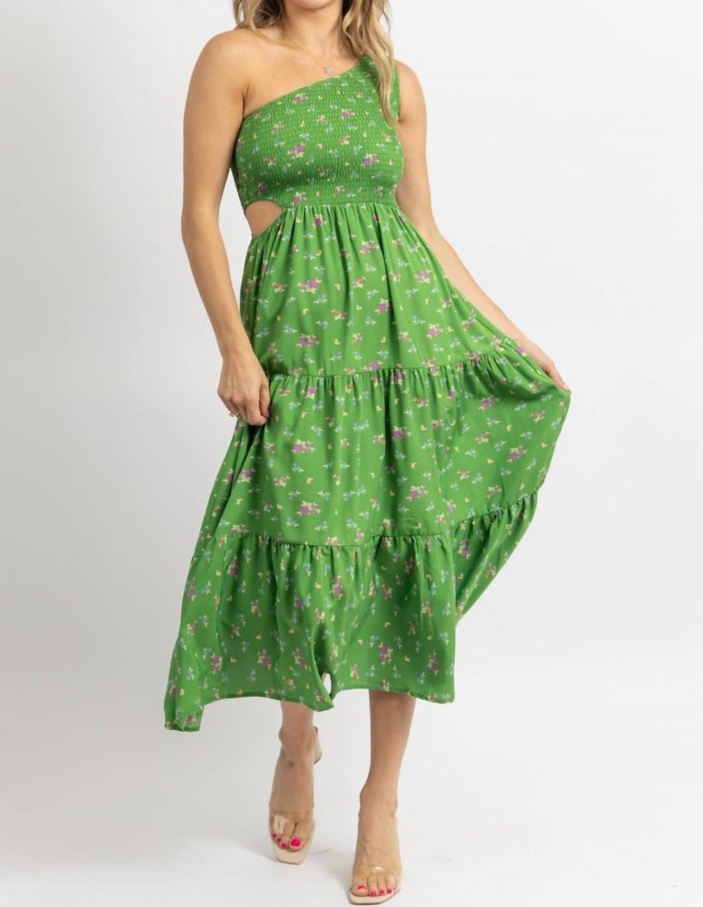 One Shoulder Hollow Midi Dress In Green Floral Print
