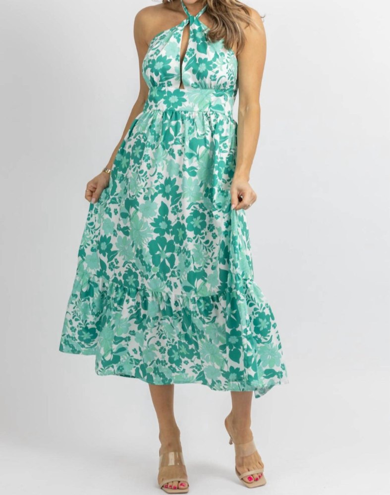 Halterneck Ruffle Midi Dress In Green Floral