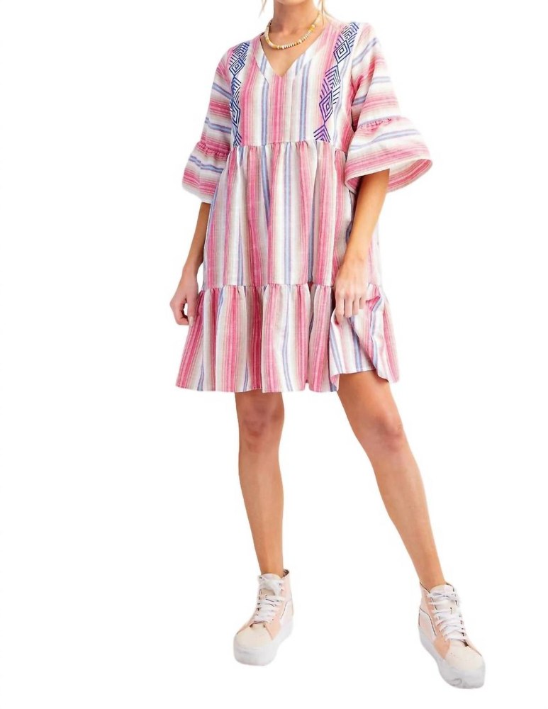 Embroidered Boho Dress In Pink Stripe 7670760996924