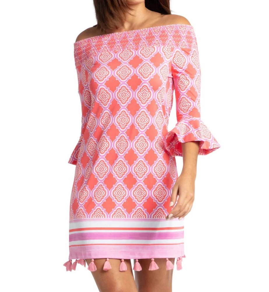 Geo Off The Shoulder Dress In Coral 7670776135740