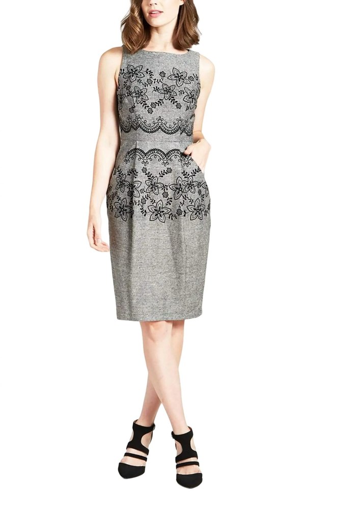 Flocked Scallop Cato Sheath Dress In Grey 7670789636156