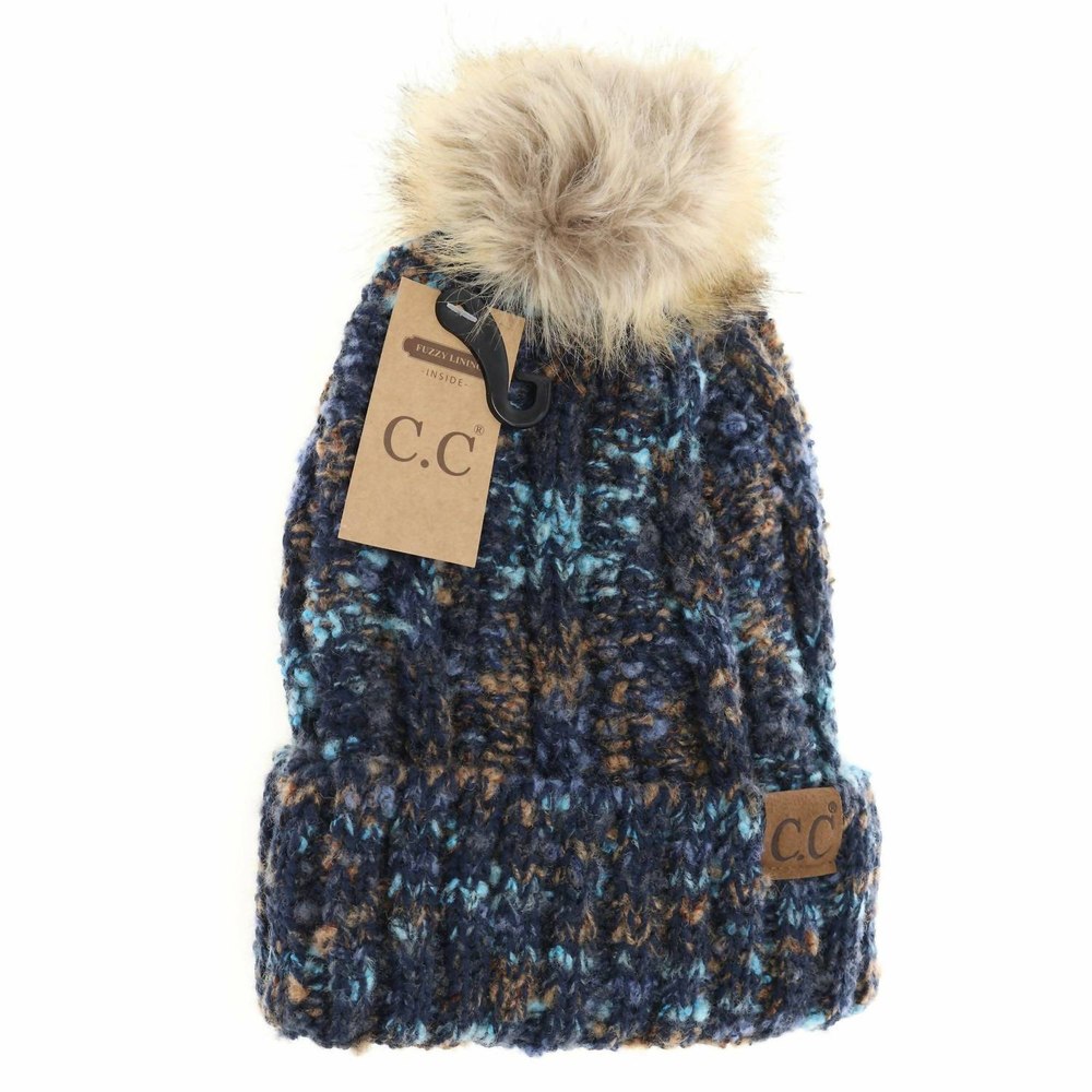 Women’s Fuzzy Lined Popcorn Confetti Fur Pom Beanie In Navy Multi